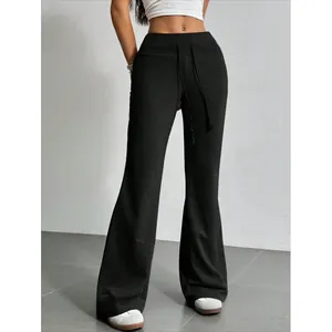 Pantalones acampanados negros de cintura alta para mujer con cordón ajustable