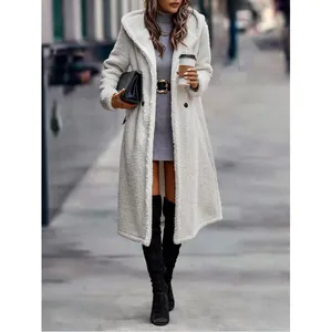 Langer cremefarbener Teddy-Mantel mit Kapuze für Damen, eleganter Winter-Streetstyle