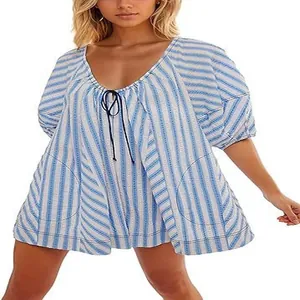 Close-up of blue and white striped summer romper featuring deep V-neck and drawstring