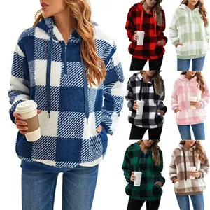 Felpa da Donna Casual in Pile Sherpa a Quadri a Maniche Lunghe con Cerniera a Un Quarto Pullover Sweatshirt Giuntata Larga Calda Invernale