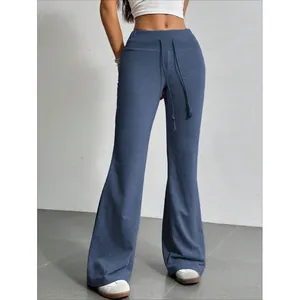 Elegantes pantalones de campana de cintura alta para mujer con cordón en color azul liso