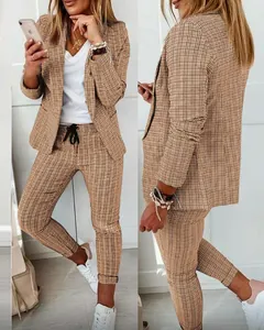 Front and side view of stylish women's casual plaid blazer and matching trouser suit set