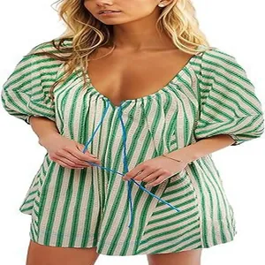 Women's green and white striped loose casual summer romper with deep V-neck and blue tie