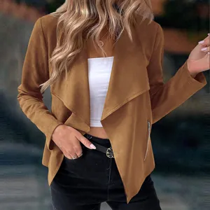 Close-up of women's brown suede open front jacket with lapel and zipper detail.