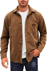 Detail of men's casual brown corduroy long-sleeve shirt with chest pocket
