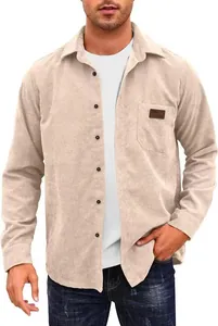 Macro view of men's beige corduroy long-sleeve casual shirt texture and chest pocket