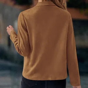 Back view of women's brown faux suede blazer jacket showing the fit and texture