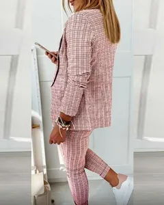 Women's casual pink plaid blazer and trousers set, stylish two-piece office outfit