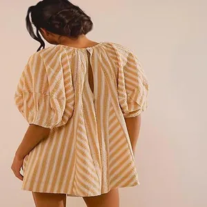 Back view of casual yellow striped summer romper with stylish buttoned cutout detail