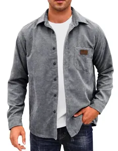 Detailed shot of men's grey corduroy shirt featuring soft texture and chest pocket