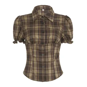 Vintage brown plaid puff sleeve blouse with slim fit and button-down front detail