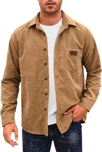 Close-up of men's brown corduroy shirt showing chest pocket detail and fine rib texture.