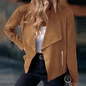 Fashionable brown faux suede jacket for women featuring a draped collar detail
