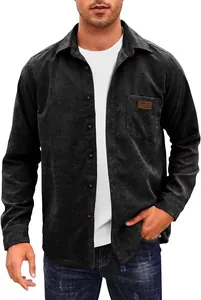 Detailed view of men's dark grey corduroy shirt with pocket and button closure.