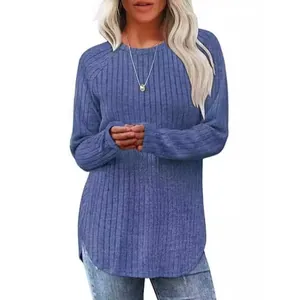 T-Shirt da Donna Casual in Maglia a Costine Manica Lunga Girocollo Orlo Curvo Tinta Unita Pullover Slim Fit Top Moda Autunno Inverno