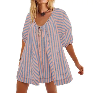 Detailed view of a women's V-neck striped short-sleeved loose-fit casual romper
