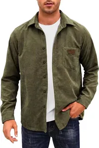 High-quality close-up of men's casual olive green corduroy shirt with textured fabric details.
