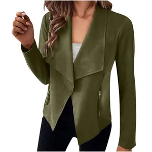 Close-up view of women's olive green faux suede blazer featuring wide lapels and zippers