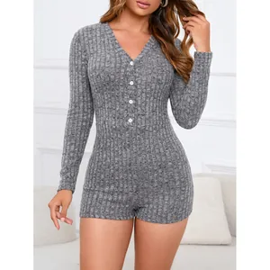 Grey ribbed knit V-neck long sleeve slim fit sexy women's romper jumpsuit for spring
