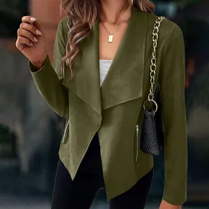 Detail of women's olive green faux suede blazer with draped collar and zipper.
