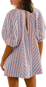 Back view of summer striped short sleeve romper with deep V opening and seersucker texture
