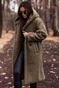 Lungo cappotto teddy color cachi con cappuccio da donna, calda giacca invernale