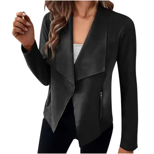 Detail view of women's black faux suede jacket with draped lapels