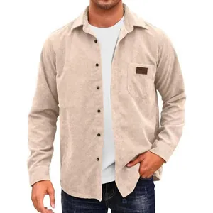 Classic men's beige corduroy long sleeve casual shirt featuring chest pocket and lapel collar