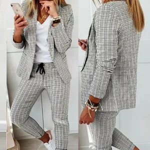 Women Polyester Blazer And Pants Top And Bottom Set Casual Plaid Houndstooth Long Sleeve Lapel Office Casual Fashion Suits