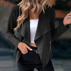Close-up of black faux suede blazer for women featuring a minimalist open-front design
