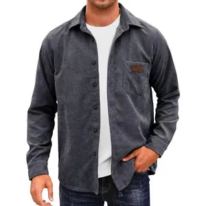 Premium men's solid grey corduroy long sleeve shirt with casual collar and pocket