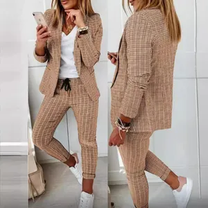 Elegant women's casual brown plaid two-piece blazer and slim-fit trousers suit set