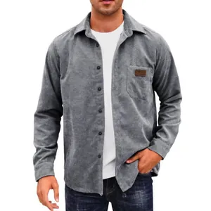Men's casual grey corduroy long sleeve shirt with lapel collar and chest pocket detail