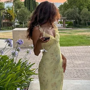 Sexy floral print slim fit camisole dress with ruffle low-cut neckline for vacation style