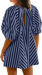 Detailed back view of a blue and white striped short sleeve romper with a keyhole design