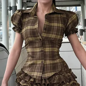 Vintage brown plaid puff sleeve slim fit button-up shirt for women with lapel collar detail