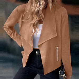 Detail shot of a brown faux suede ladies jacket with a stylish lapel and side zipper