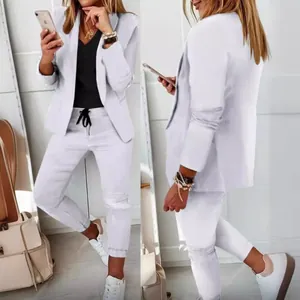 Stylish white two-piece women's casual blazer and drawstring pants set