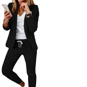 Elegant women's black two-piece casual blazer and slim drawstring pants suit set