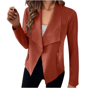 Detailed view of rust orange suede blazer with waterfall collar and zippers