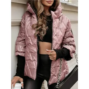 Modische gesteppte Damenjacke mit Kapuze in Rosa und V-Muster für den Herbst und Winter