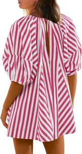 Back view detail of pink and white striped loose summer romper with deep V cutout