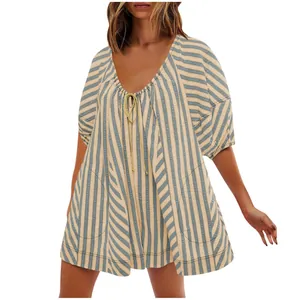 Stylish women's summer striped short sleeve romper with loose fit and deep V-neck detail