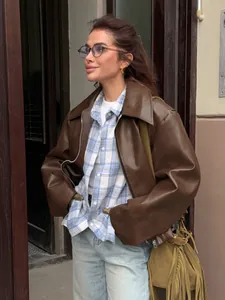Braune Oversized Kunstlederjacke für Damen im schicken europäischen und amerikanischen Stil