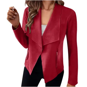 Close-up detail showing the draped front and zipper of this elegant red faux suede blazer