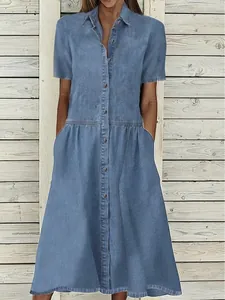 Light blue short sleeve denim shirt dress with lapel collar and front buttons