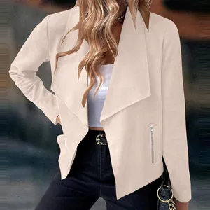 Detailed close-up of a stylish beige faux suede open front blazer jacket for women