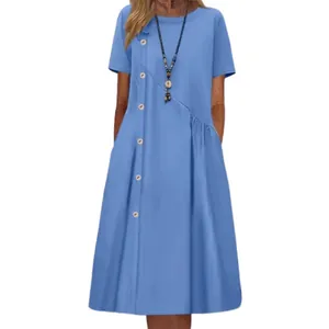 Robe mi-longue bleue décontractée pour femme avec boutons décoratifs et poches plissées