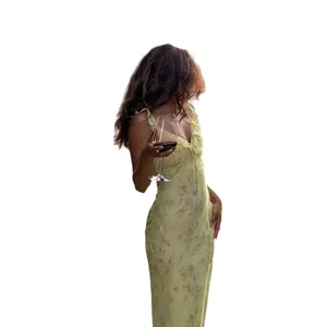 Elegant vintage floral print v-neck slim fit slip maxi dress for a sexy beach vacation