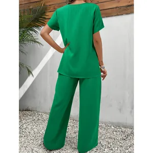 Lässiges grünes Damen-Zweiteiler-Set mit Kurzarm-Top und weiter Hose, Rückansicht